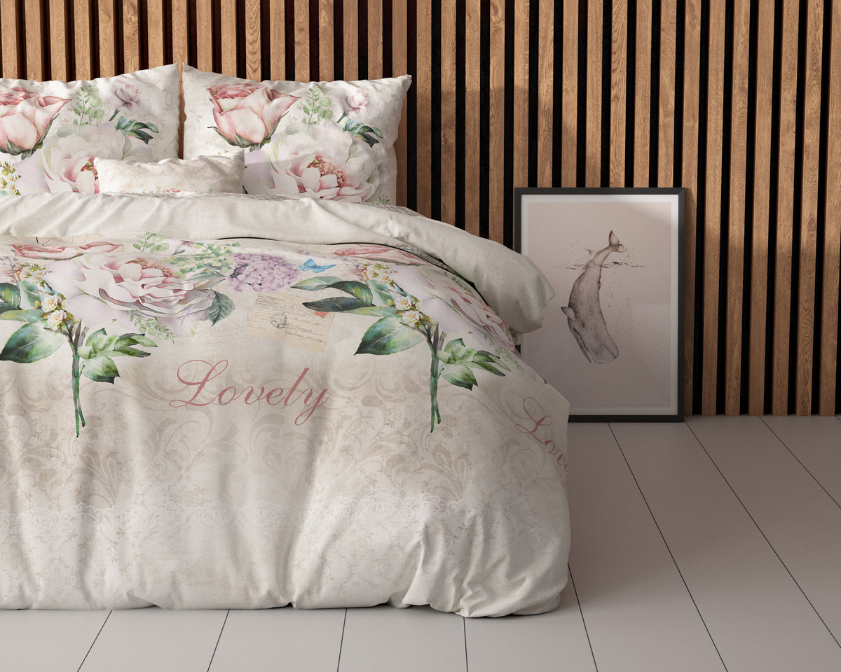 Dekbedovertrek katoen-polyester Lovely Flower beige met bloemenprint 140 x 220 cm, met kussenslopen 60 x 70 cm