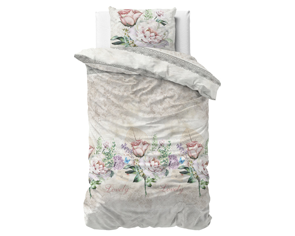 Dekbedovertrek katoen-polyester Lovely Flower beige met bloemenprint 140 x 220 cm, met kussenslopen 60 x 70 cm