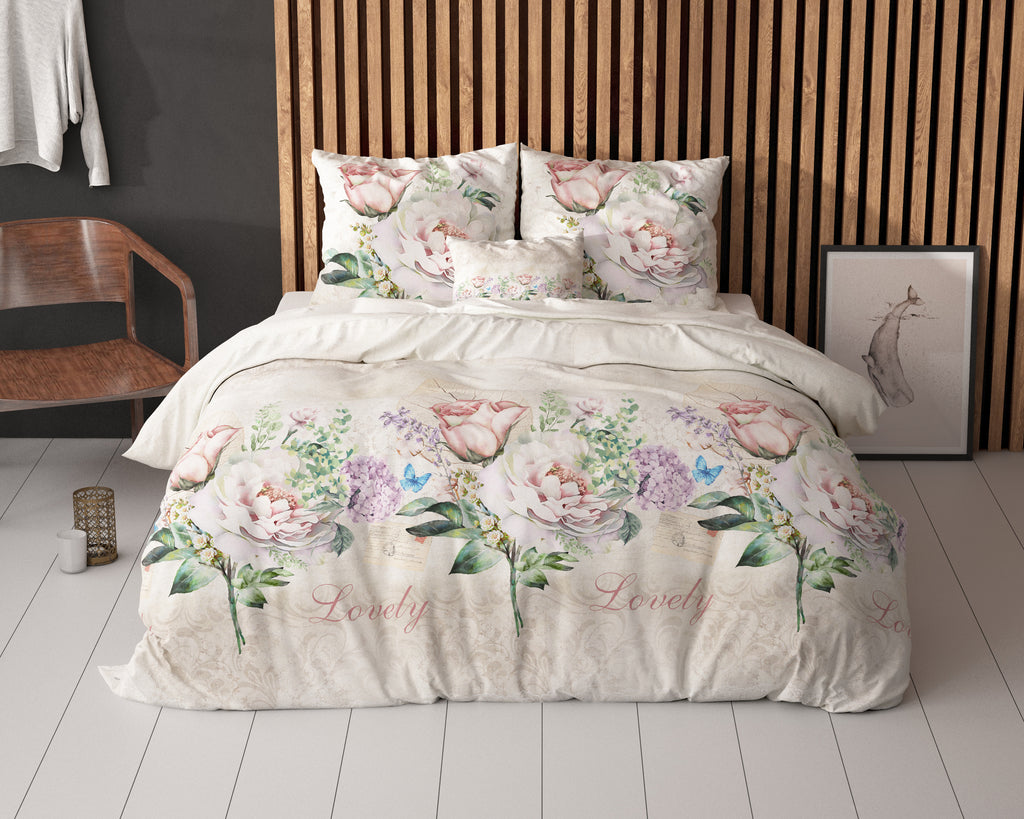 Dekbedovertrek katoen bloemenprint beige 200 x 220 cm, met kussenslopen 60 x 70 cm