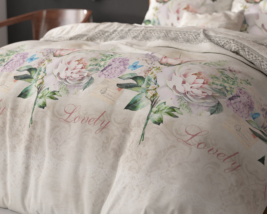 Dekbedovertrek katoen-polyester bloemenprint beige 240 x 220 cm, met kussenslopen 60 x 70 cm