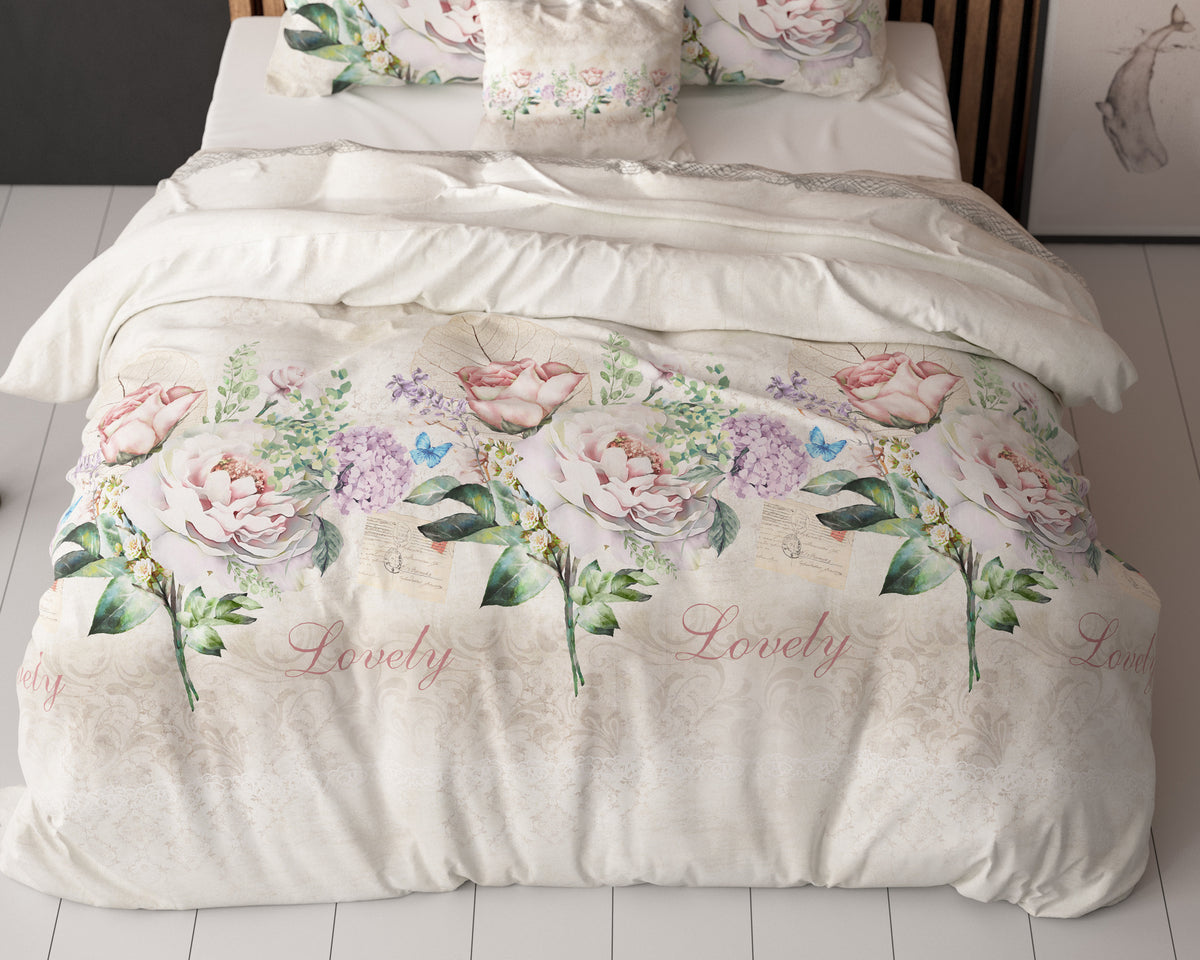 Dekbedovertrek katoen-polyester bloemenprint beige 240 x 220 cm, met kussenslopen 60 x 70 cm