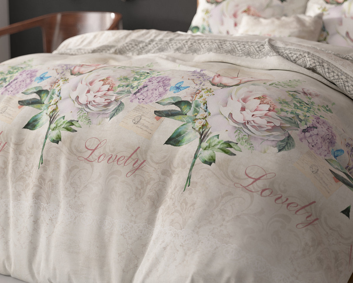 Dekbedovertrek katoen-polyester bloemenprint beige 240 x 220 cm, met kussenslopen 60 x 70 cm