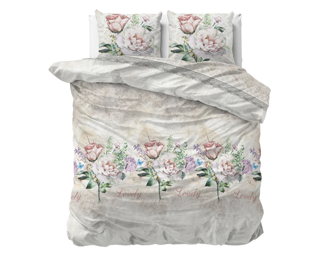 Dekbedovertrek katoen-polyester bloemenprint beige 240 x 220 cm, met kussenslopen 60 x 70 cm