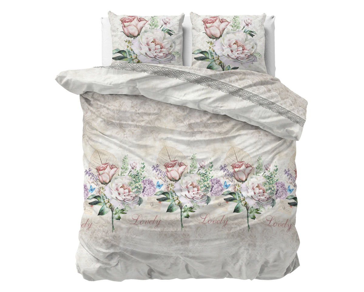 Dekbedovertrek katoen-polyester bloemenprint beige 240 x 220 cm, met kussenslopen 60 x 70 cm