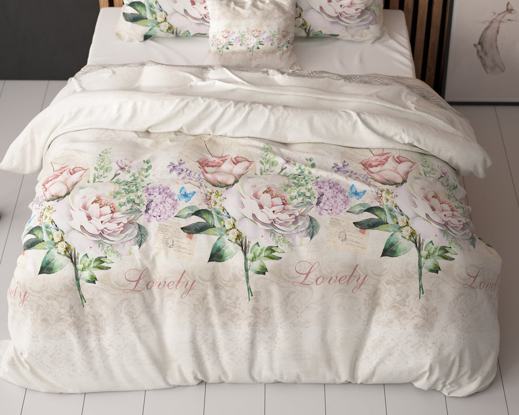 Dekbedovertrek katoen-polyester bloemenprint beige 240 x 220 cm, met kussenslopen 60 x 70 cm