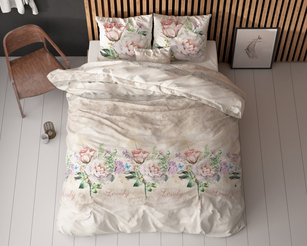 Dekbedovertrek katoen-polyester bloemenprint beige 240 x 220 cm, met kussenslopen 60 x 70 cm