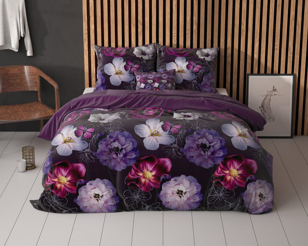 Dekbedovertrek katoen-polyester bloemenprint paars 240 x 220 cm, met kussenslopen 60 x 70 cm