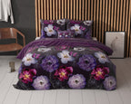 Dekbedovertrek katoen-polyester bloemenprint paars 240 x 220 cm, met kussenslopen 60 x 70 cm
