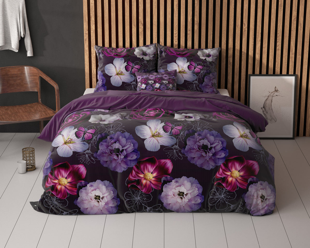 Dekbedovertrek katoen-polyester bloemenprint paars 240 x 220 cm, met kussenslopen 60 x 70 cm