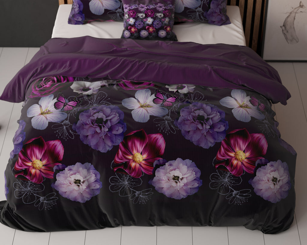 Dekbedovertrek katoen-polyester bloemenprint paars 240 x 220 cm, met kussenslopen 60 x 70 cm