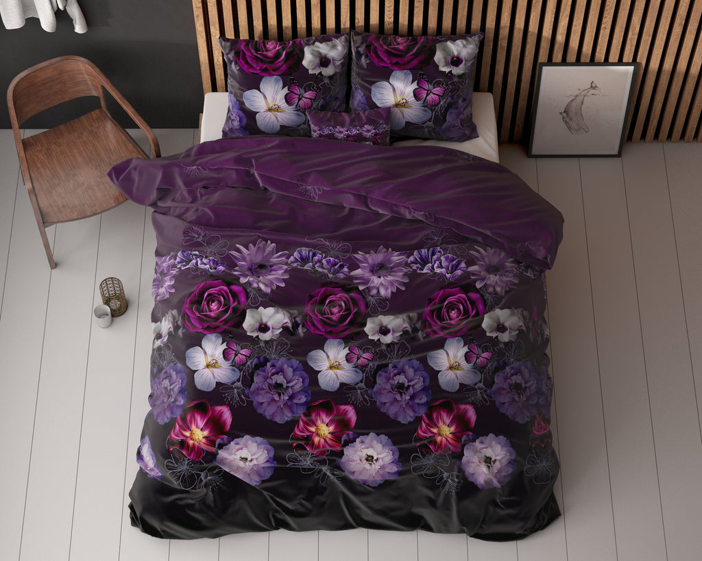 Dekbedovertrek katoen-polyester bloemenprint paars 240 x 220 cm, met kussenslopen 60 x 70 cm