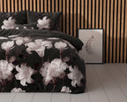 Dekbedovertrek katoen-polyester bloemenprint zwart 200 x 220 cm, met kussenslopen 60 x 70 cm