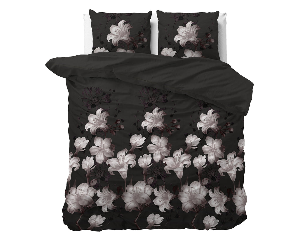 Dekbedovertrek katoen-polyester bloemenprint zwart 200 x 220 cm, met kussenslopen 60 x 70 cm