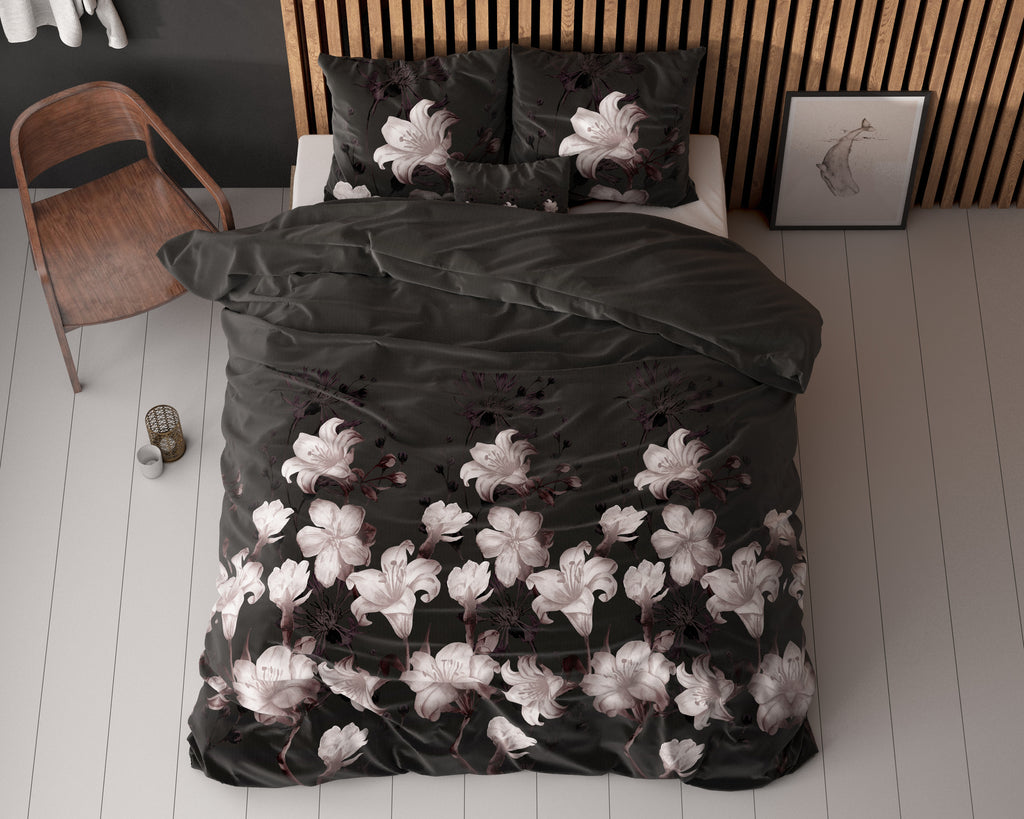 Dekbedovertrek katoen-polyester bloemenprint zwart 200 x 220 cm, met kussenslopen 60 x 70 cm