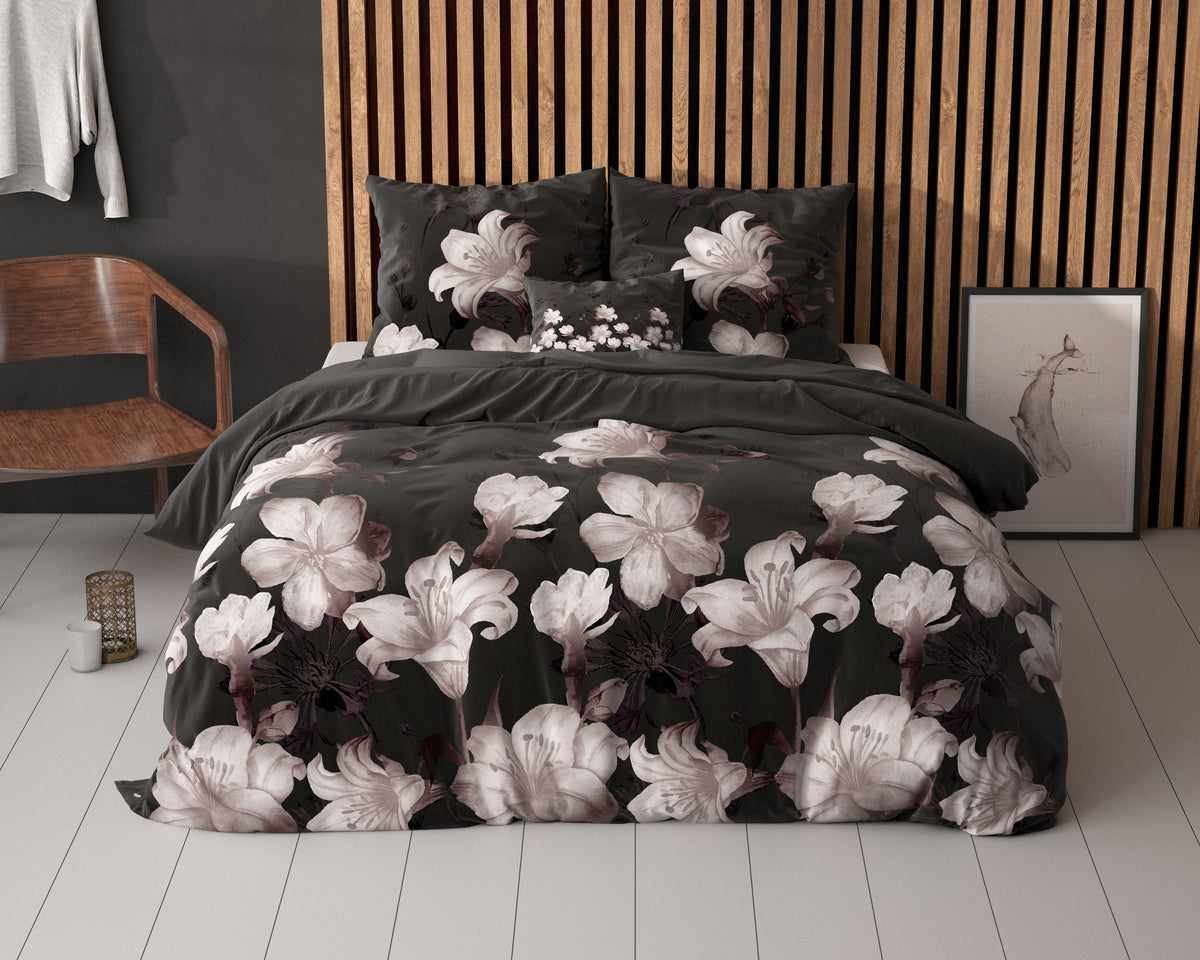 Dekbedovertrek katoen-polyester bloemenprint zwart 240 x 220 cm, met 2 kussenslopen 60 x 70 cm