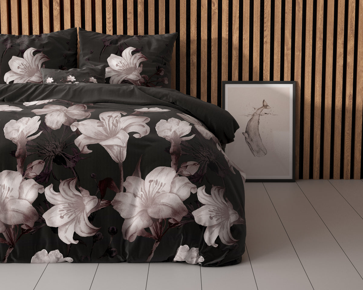 Dekbedovertrek katoen-polyester bloemenprint zwart 240 x 220 cm, met 2 kussenslopen 60 x 70 cm
