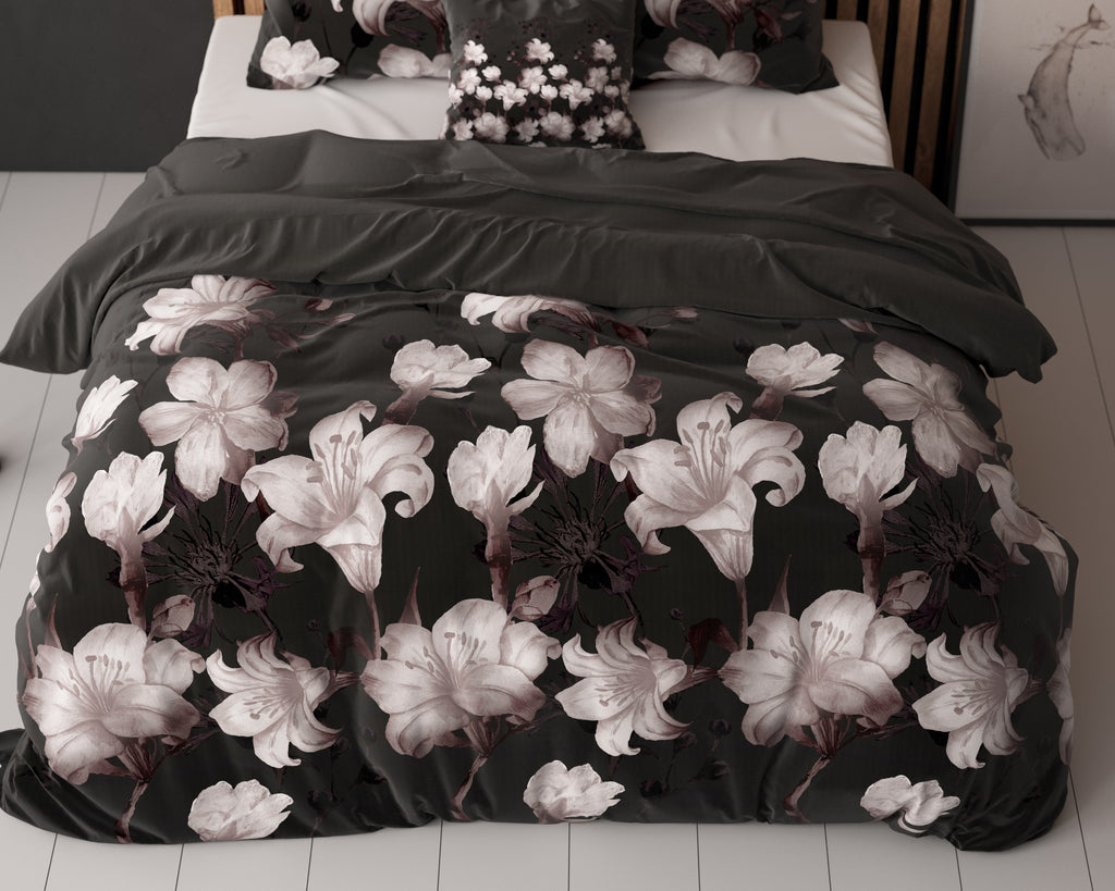 Dekbedovertrek katoen-polyester bloemenprint zwart 240 x 220 cm, met 2 kussenslopen 60 x 70 cm