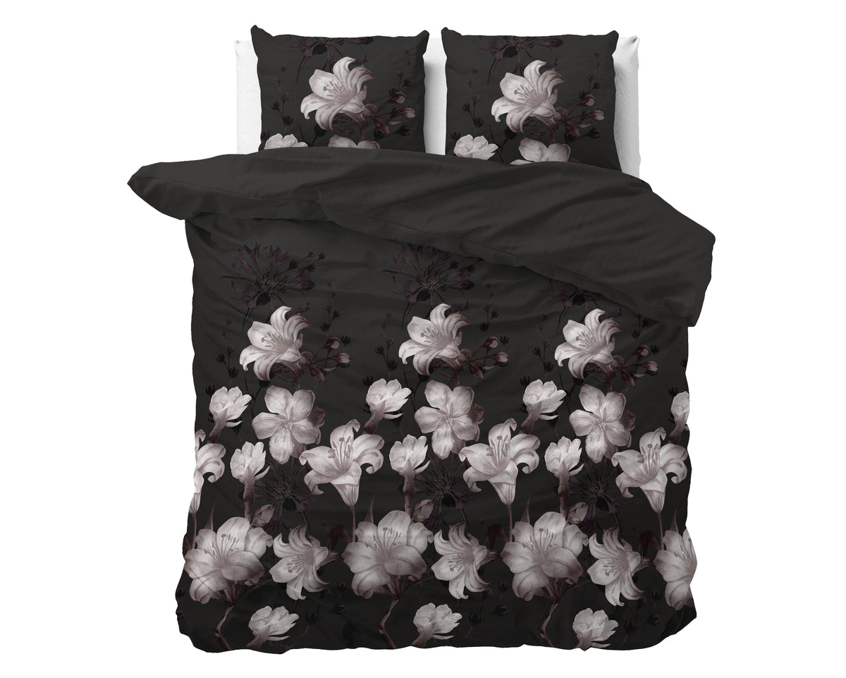 Dekbedovertrek katoen-polyester bloemenprint zwart 240 x 220 cm, met 2 kussenslopen 60 x 70 cm