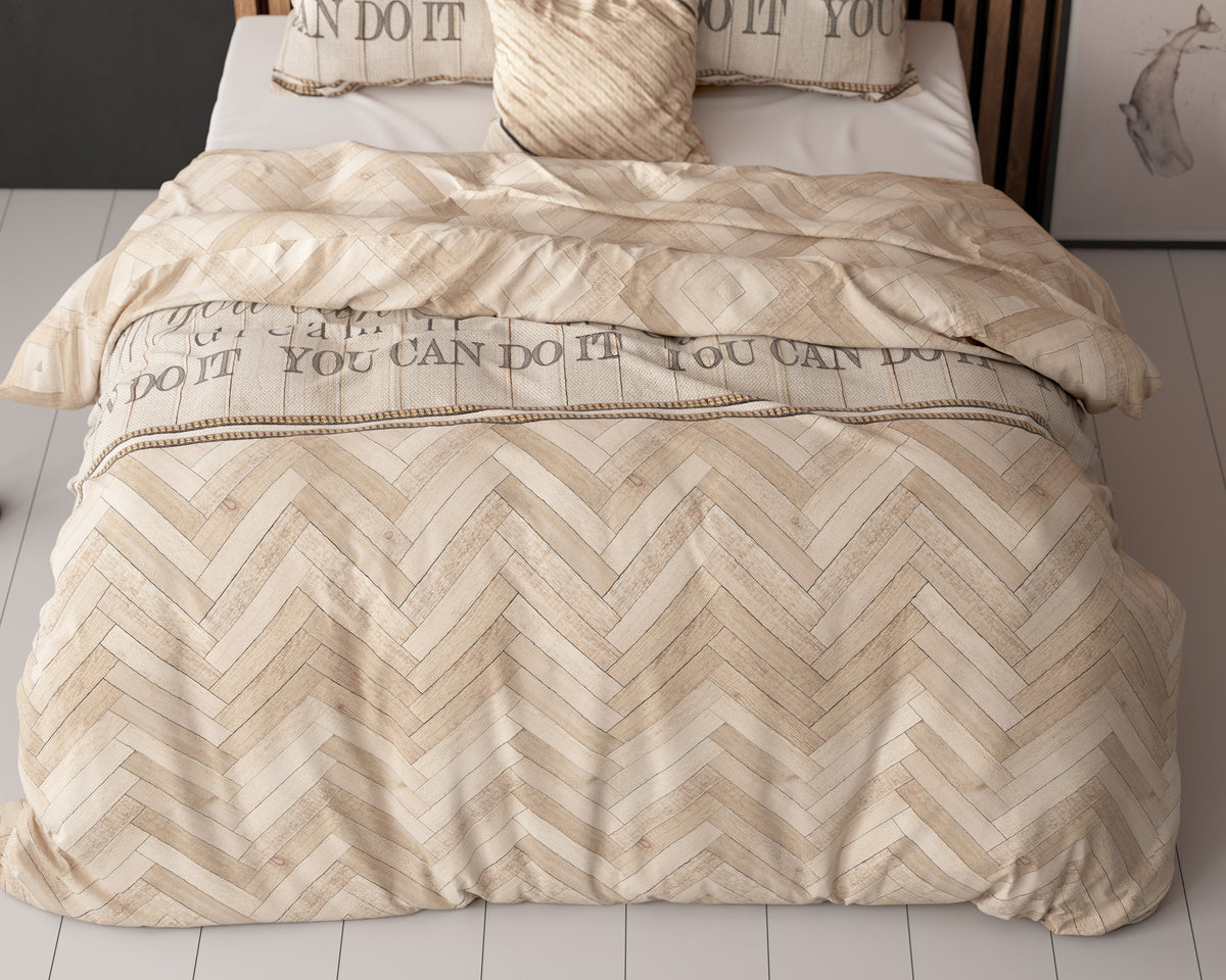 Dekbedovertrek katoen-polyester visgraat zand 240 x 220 cm, met kussenslopen 60 x 70 cm