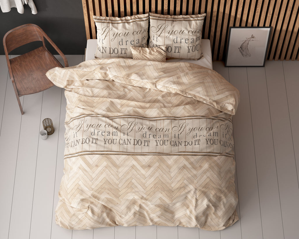 Dekbedovertrek katoen-polyester visgraat zand 240 x 220 cm, met kussenslopen 60 x 70 cm