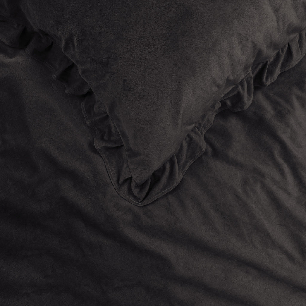 Dekbedovertrek fluweel polyester zwart met ruches 200 x 220 cm, met kussenslopen, slaapkamer