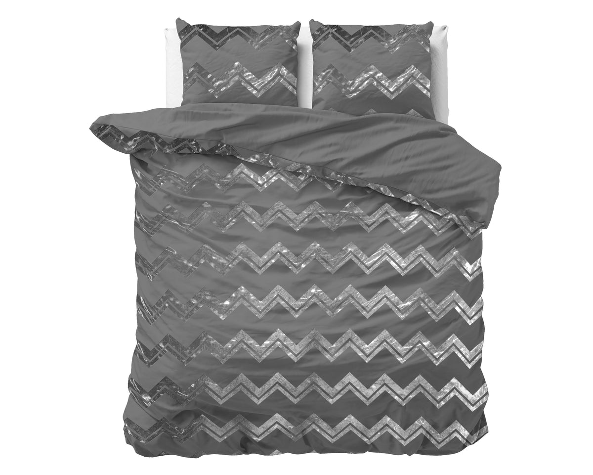Dekbedovertrek micropercal polyester Glamour Wave grijs met zilverkleurige folie, 200 x 220 cm, met kussenslopen