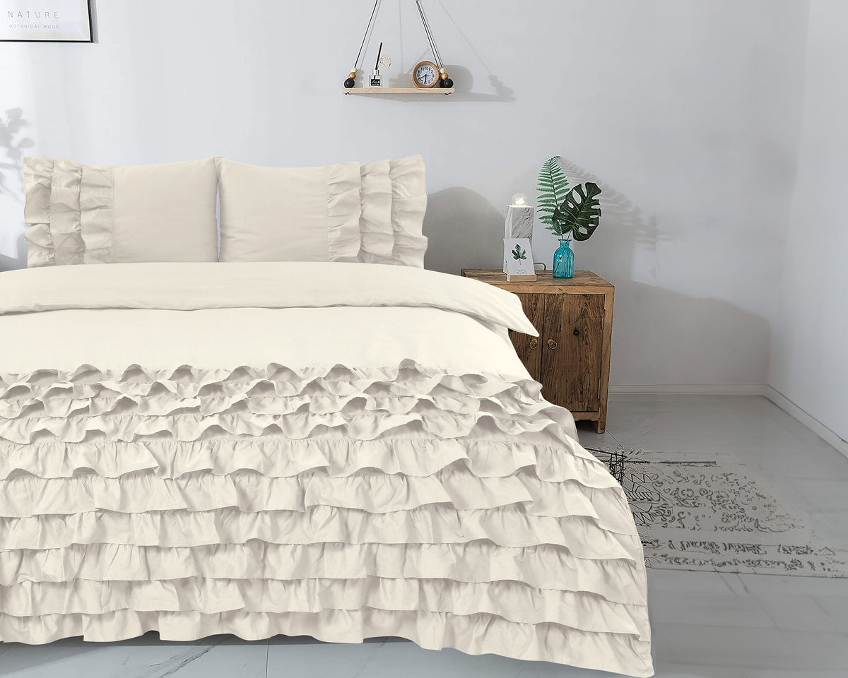 Dekbedovertrek katoen percale ruches Cyprus crème 200 x 220 cm, met 2 kussenslopen 60 x 70 cm