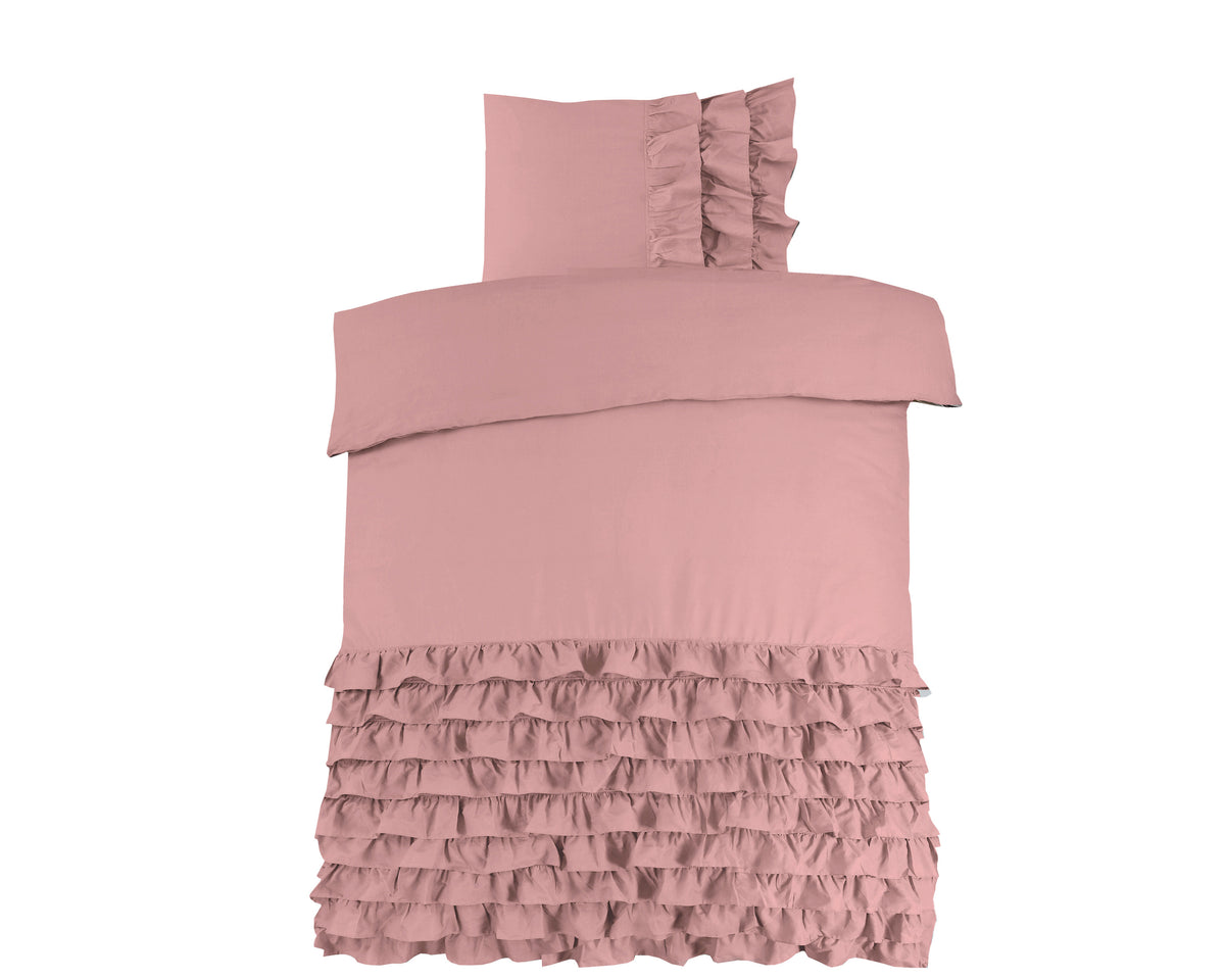 Dekbedovertrek katoen percale ruches roze 140 x 220 cm, met kussenslopen 60 x 70 cm voor de slaapkamer