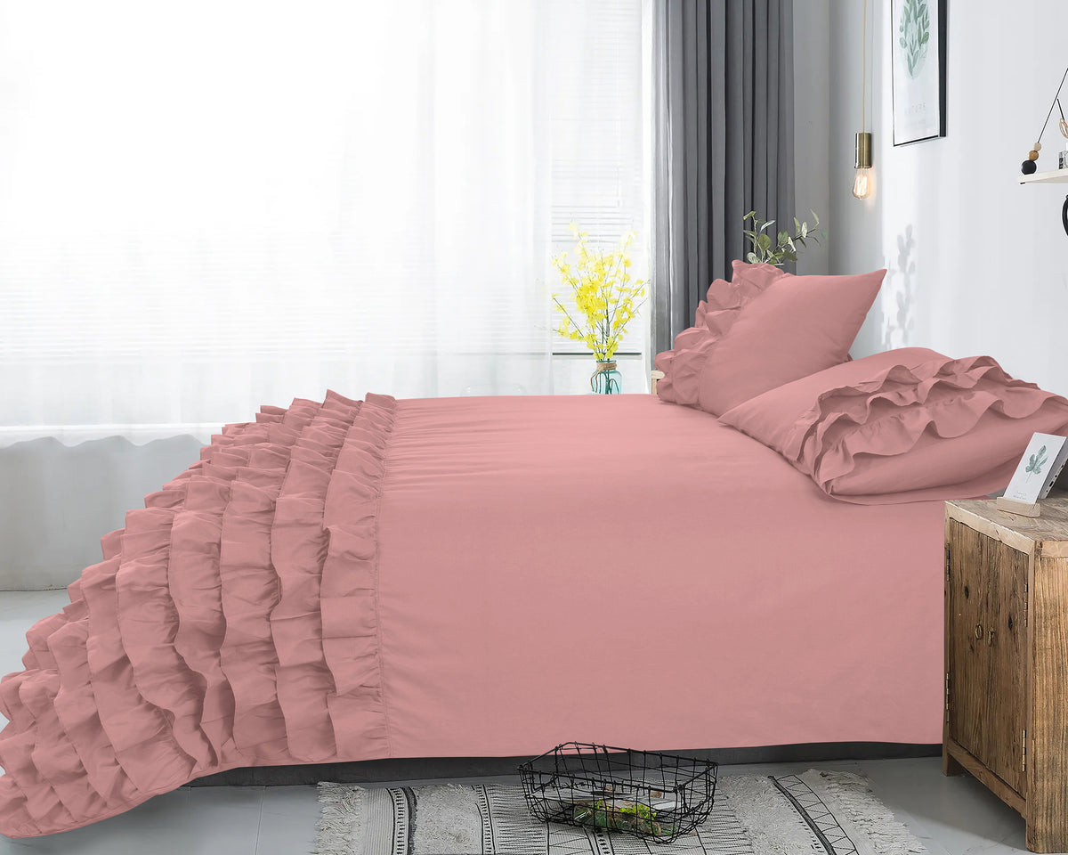 Dekbedovertrek katoen percale ruches roze 140 x 220 cm, met kussenslopen 60 x 70 cm voor de slaapkamer