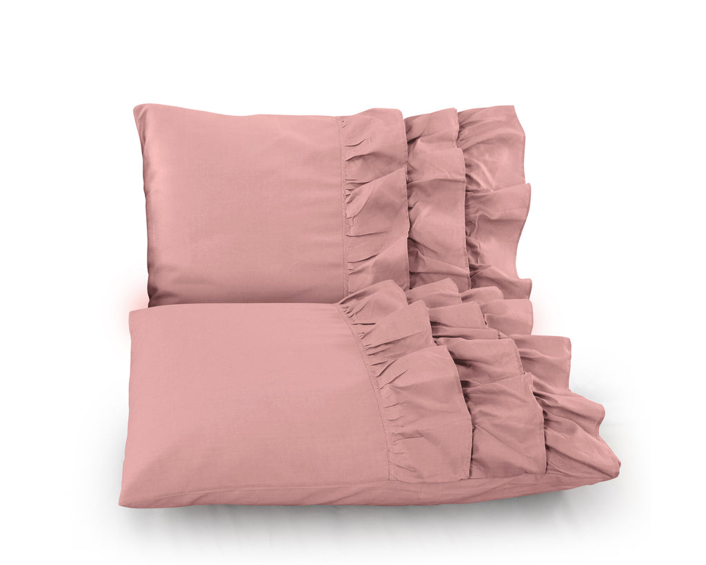 Dekbedovertrek katoen percale ruches roze 140 x 220 cm, met kussenslopen 60 x 70 cm voor de slaapkamer