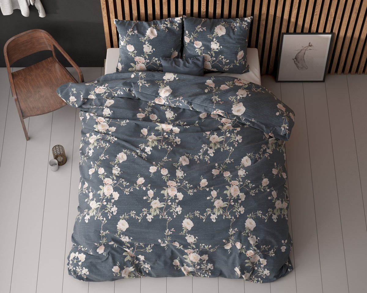 Dekbedovertrek katoen-polyester Eloise bloemenprint indigo 200 x 200/220 cm, met 2 kussenslopen
