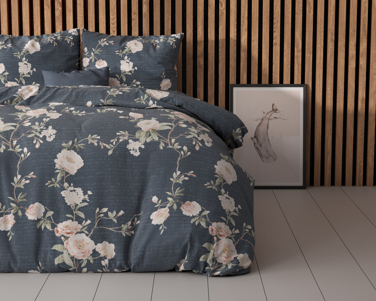 Dekbedovertrek katoen-polyester Eloise bloemenprint indigo 200 x 200/220 cm, met 2 kussenslopen