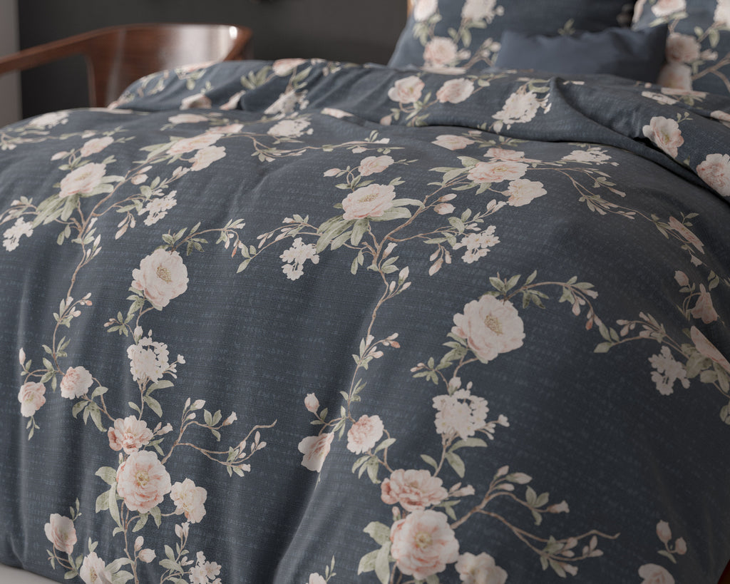 Dekbedovertrek katoen-polyester Eloise bloemenprint indigo 200 x 200/220 cm, met 2 kussenslopen