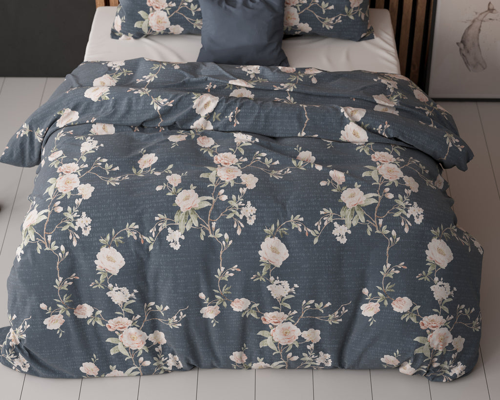 Dekbedovertrek katoen-polyester Eloise bloemenprint indigo 200 x 200/220 cm, met 2 kussenslopen