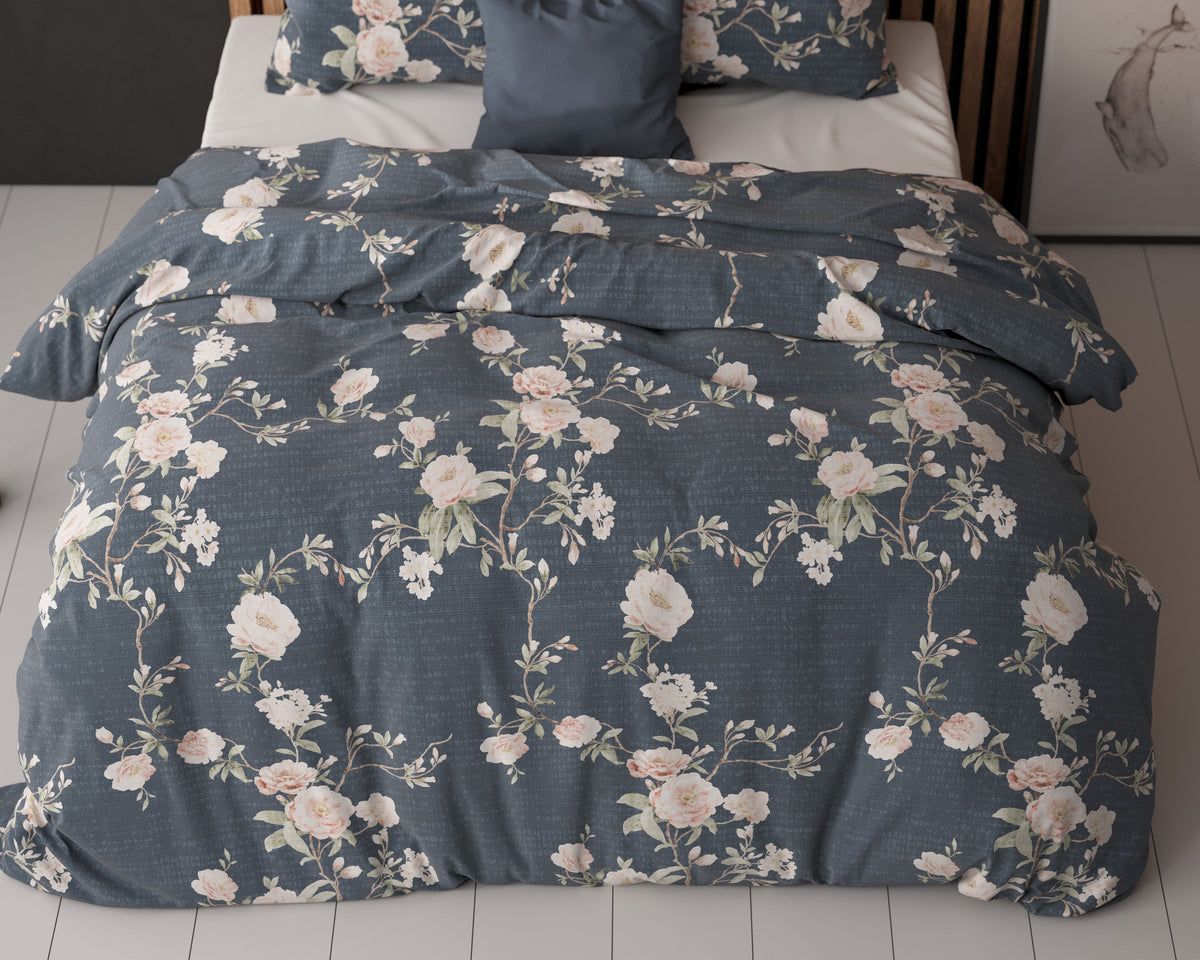 Dekbedovertrek katoen-polyester Eloise 2 indigo bloemenprint 240 x 200/220 cm, met 2 kussenslopen
