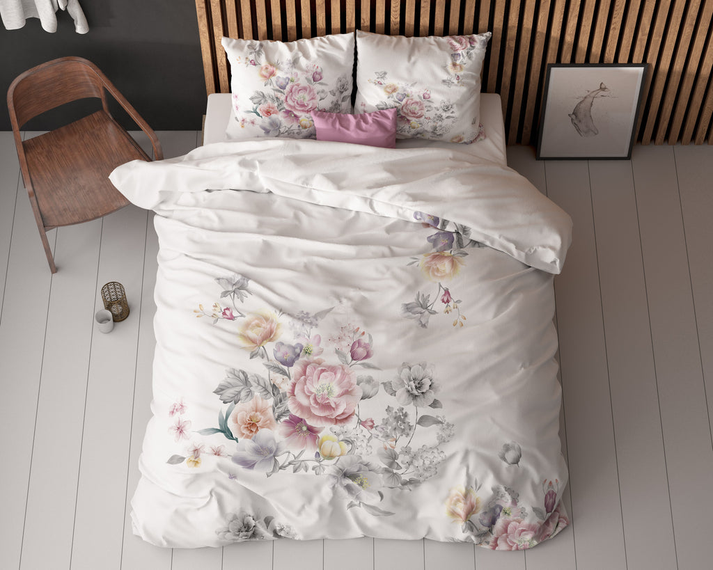 Dekbedovertrek microvezel Isabeau wit met bloemenprint 200 x 200/220 cm, met 2 kussenslopen 60 x 70 cm