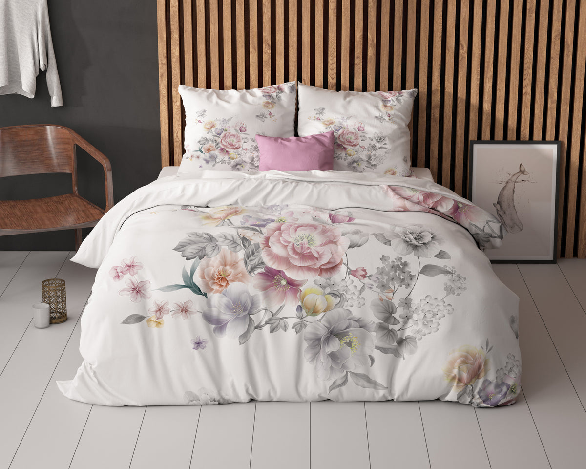 Dekbedovertrek microvezel Isabeau wit met bloemenprint 200 x 200/220 cm, met 2 kussenslopen 60 x 70 cm