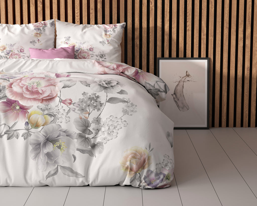 Dekbedovertrek microvezel Isabeau wit met bloemenprint 200 x 200/220 cm, met 2 kussenslopen 60 x 70 cm