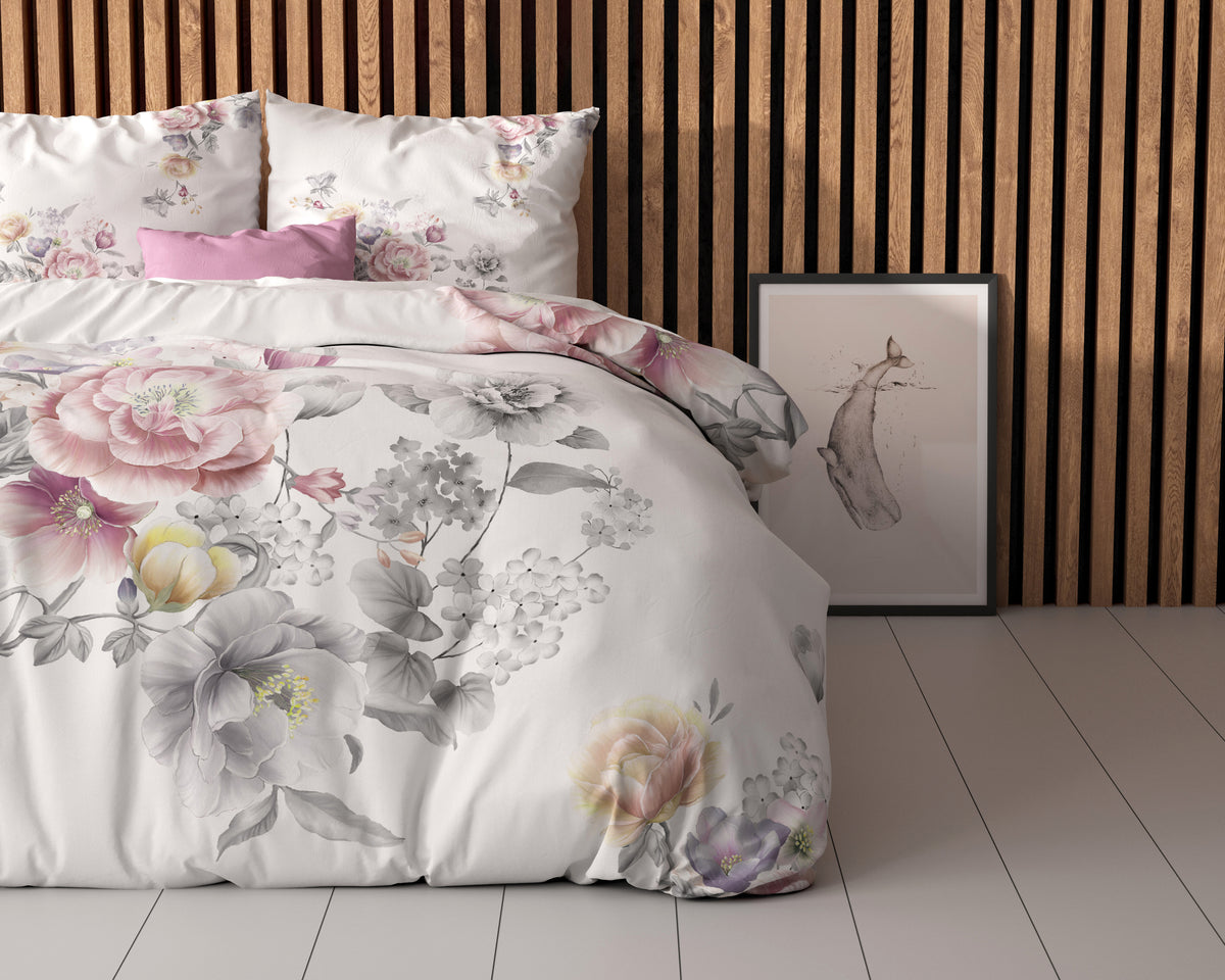 Dekbedovertrek microvezel Isabeau wit met bloemenprint 200 x 200/220 cm, met 2 kussenslopen 60 x 70 cm
