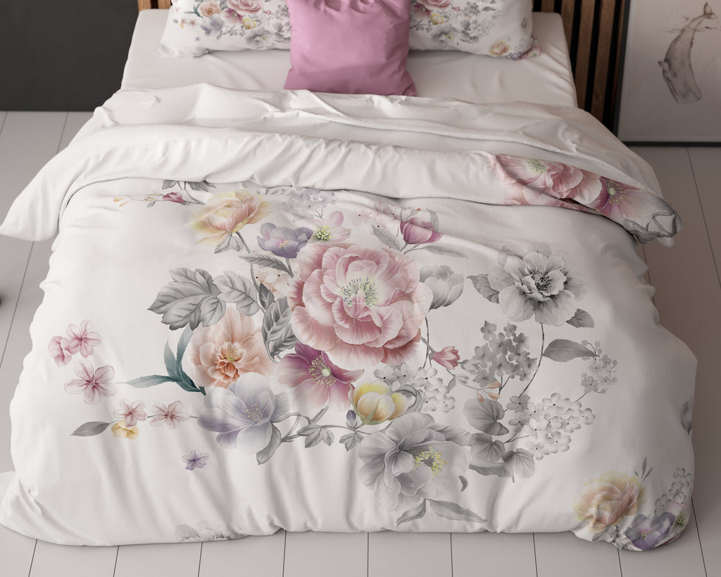 Dekbedovertrek microvezel Isabeau wit met bloemenprint 200 x 200/220 cm, met 2 kussenslopen 60 x 70 cm
