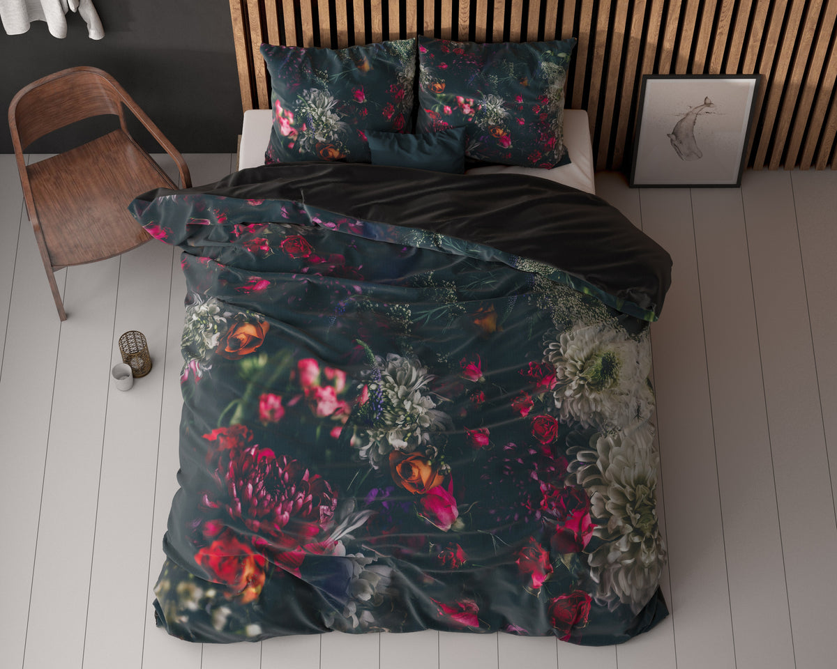 Dekbedovertrek microvezel zwart bloemenprint Elodie 240 x 220 cm, met 2 kussenslopen 60 x 70 cm