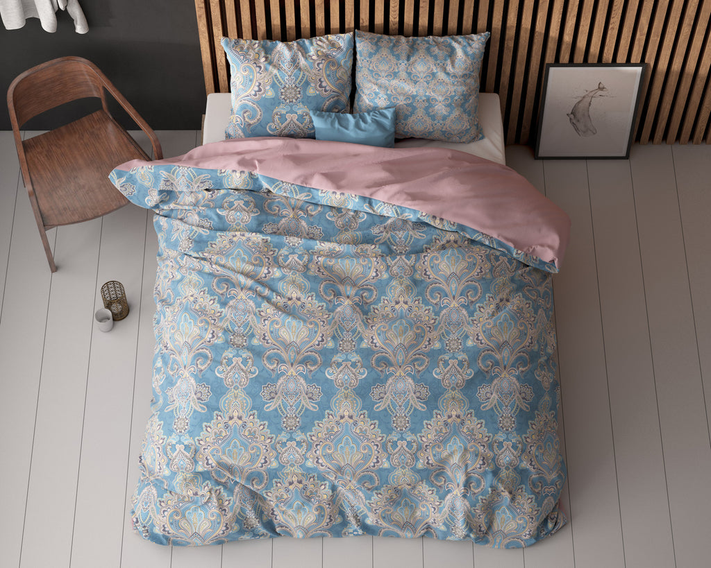 Dekbedovertrek microvezel Giselle blauw met ornamentprint 240 x 220 cm, met 2 kussenslopen 60 x 70 cm