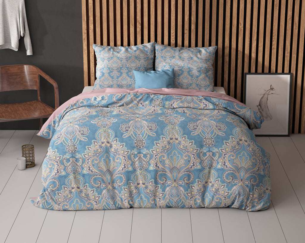 Dekbedovertrek microvezel Giselle blauw met ornamentprint 240 x 220 cm, met 2 kussenslopen 60 x 70 cm