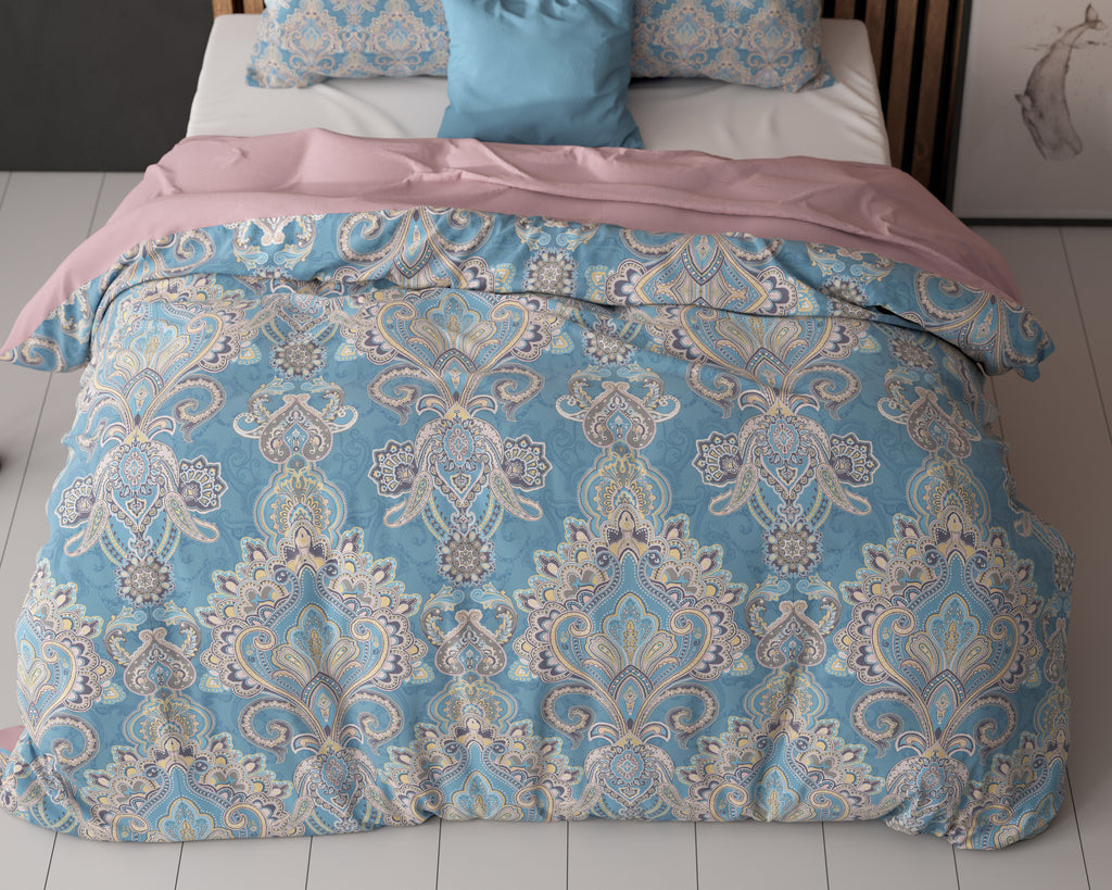 Dekbedovertrek microvezel Giselle blauw met ornamentprint 240 x 220 cm, met 2 kussenslopen 60 x 70 cm