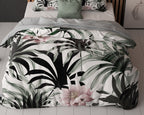 Dekbedovertrek microvezel wit met bladprint en roze bloemen 240 x 220 cm, met 2 kussenslopen 60 x 70 cm