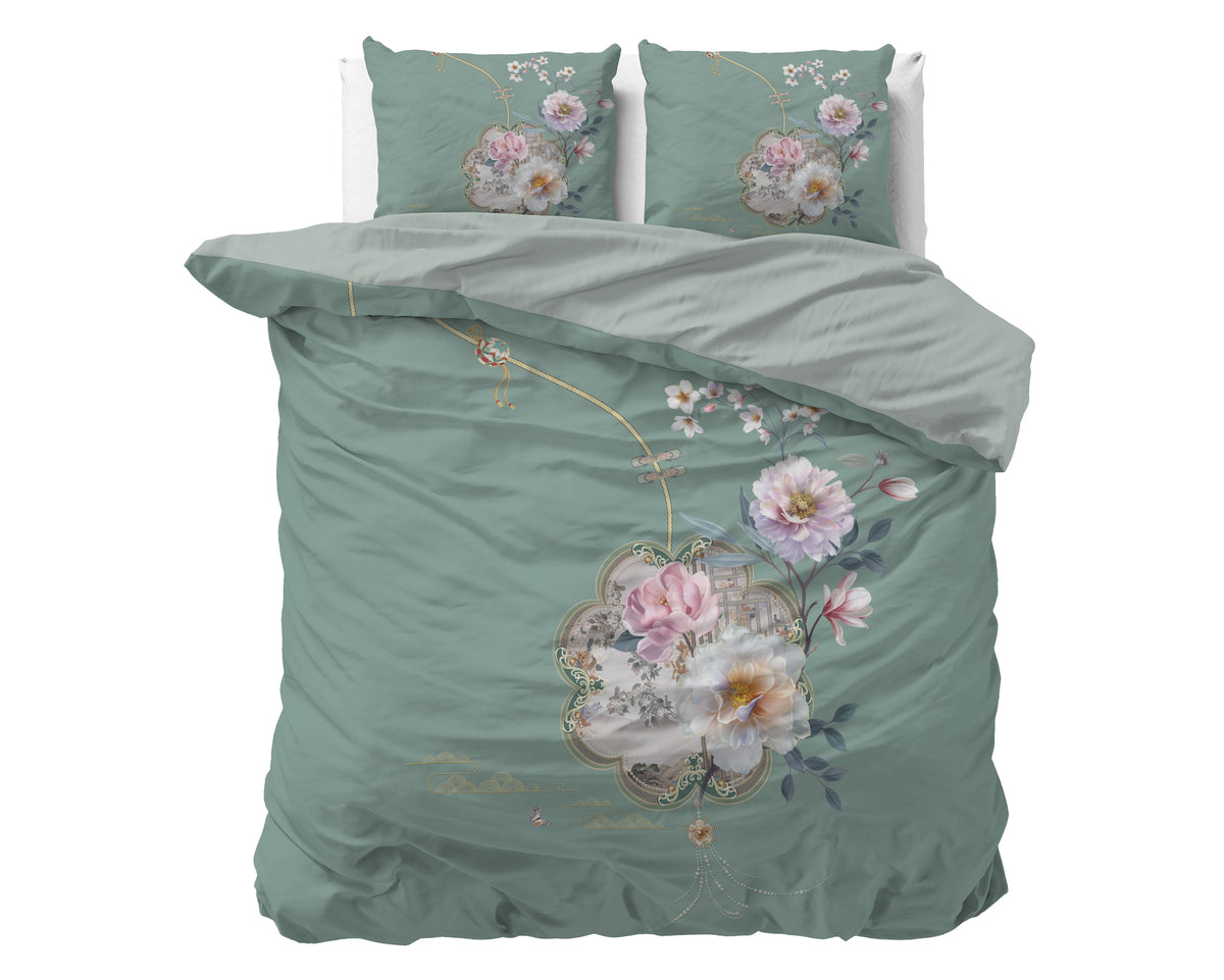 Dekbedovertrek micropercale Lyra groen met bloemenprint 240 x 220 cm, met 2 kussenslopen 60 x 70 cm
