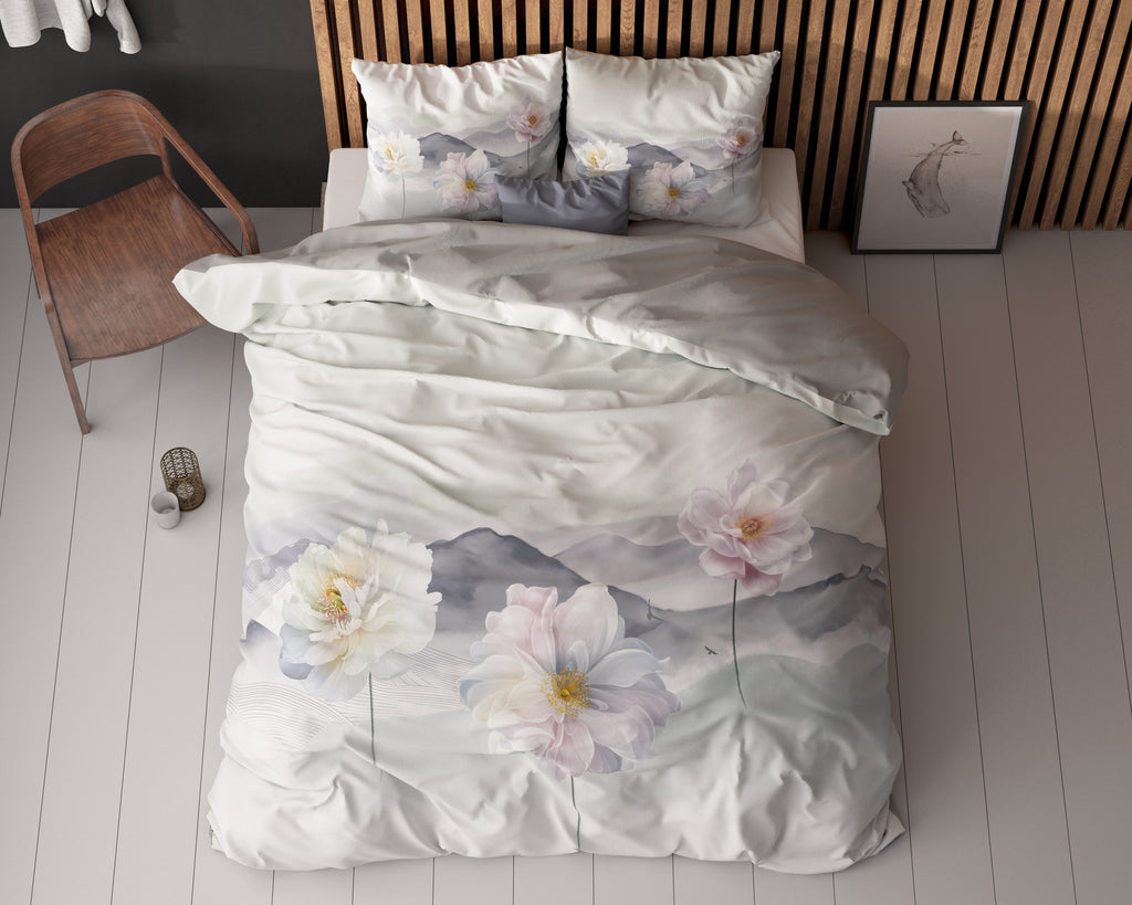 Dekbedovertrek microvezel Annique grijs bloemenprint 200 x 220 cm, met 2 kussenslopen 60 x 70 cm