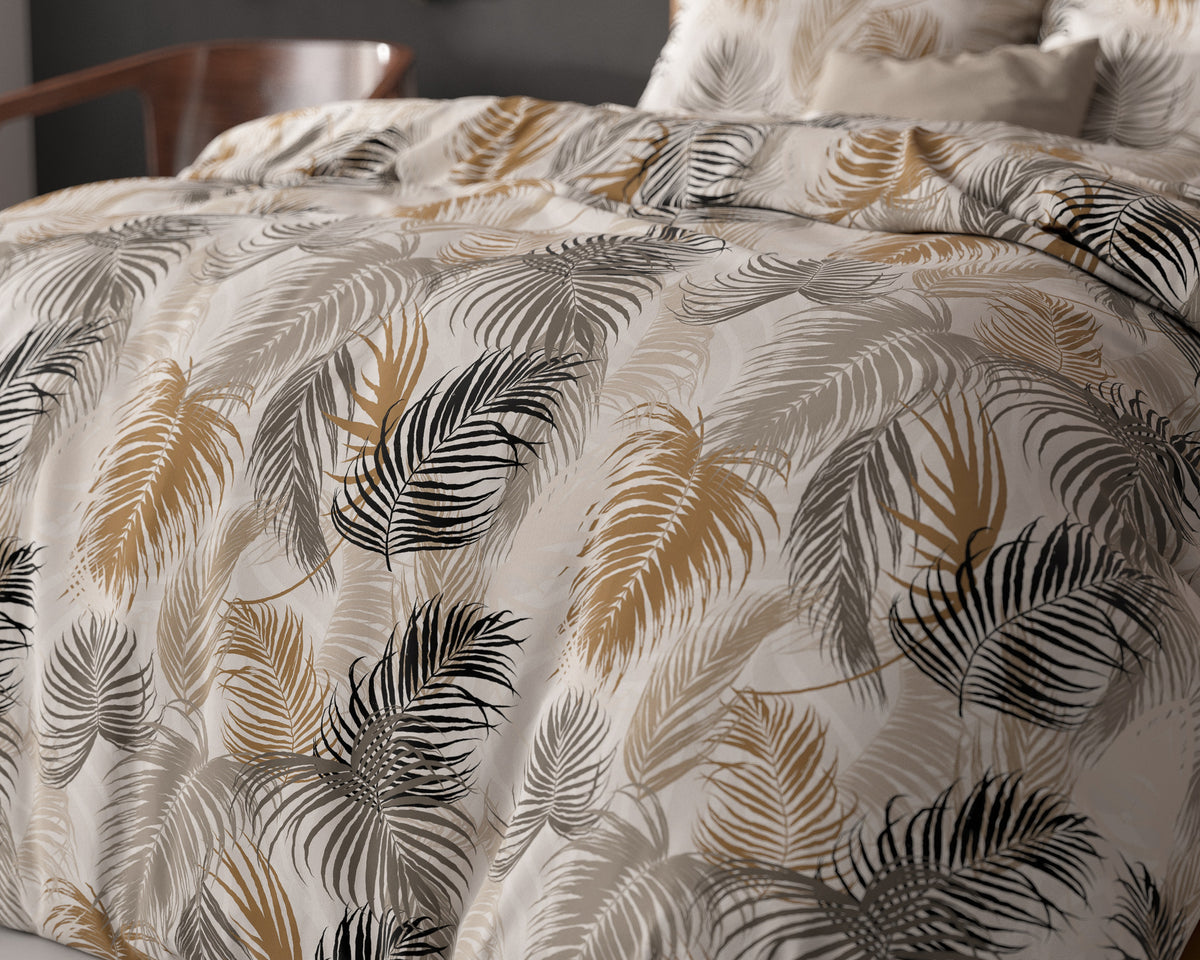 Dekbedovertrek micropercal katoen Feather District zand met bladprint 240 x 220 cm, met 2 kussenslopen 60 x 70 cm
