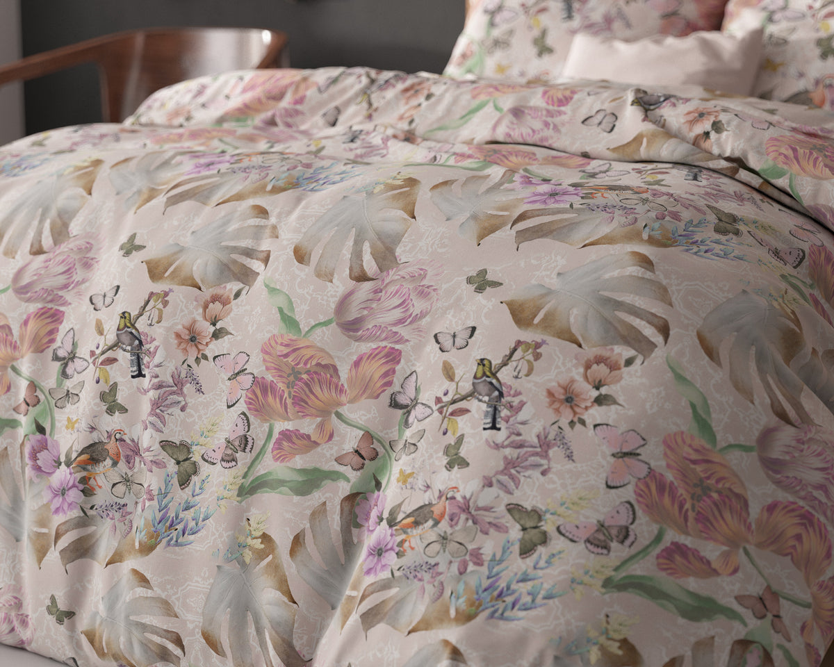 Dekbedovertrek katoen/polyester bloemenprint roze 240 x 220 cm, met 2 kussenslopen 60 x 70 cm