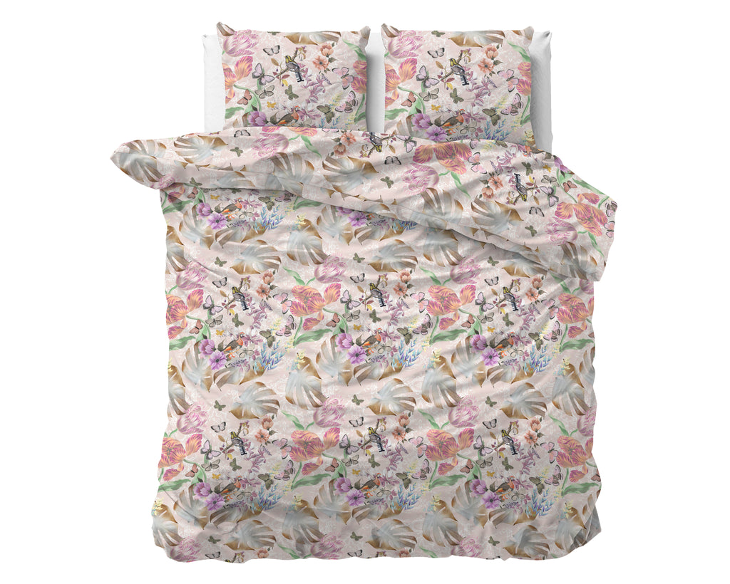 Dekbedovertrek katoen/polyester bloemenprint roze 240 x 220 cm, met 2 kussenslopen 60 x 70 cm